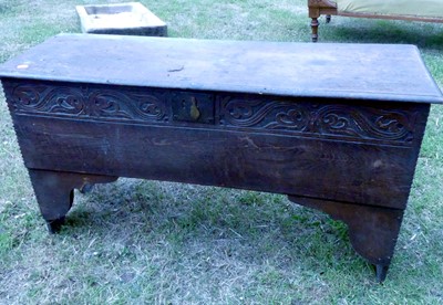 Lot 777 - A circa 1700 boarded oak six-plank coffer,...