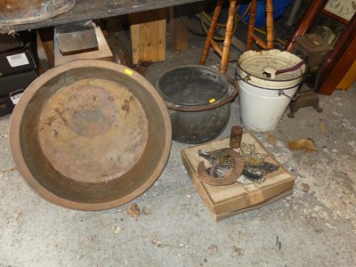 Lot 723 - Two enamel milk pails, metal glue pot, and a...