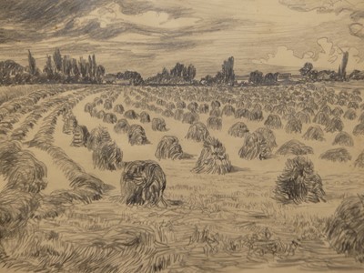 Lot 542 - M Harmsworth - Haystacks, pencil drawing,...