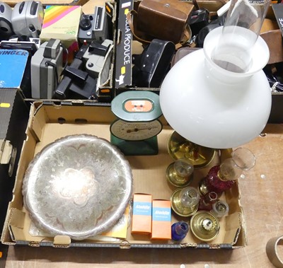 Lot 121 - A collection of oil lamps, largest h.43cm,...