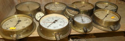 Lot 383 - Ten various brass pressure gauges, to include...