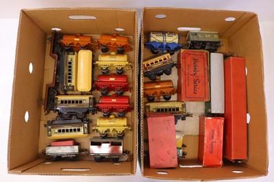 Lot 196 - Two trays containing various Hornby 0 gauge...