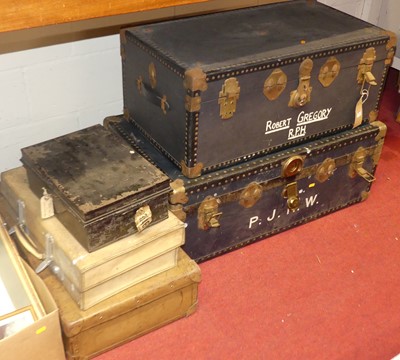 Lot 581 - A metal-bound trunk with brass fittings, width...