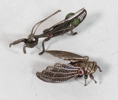 Lot 224 - A filigree white metal model of a cicada, l. 5....