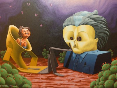 Lot 588 - Larsen - Meeting the music, oil, signed lower...