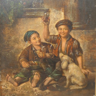 Lot 594 - After David Tenniers - Boys with dog, oil on...