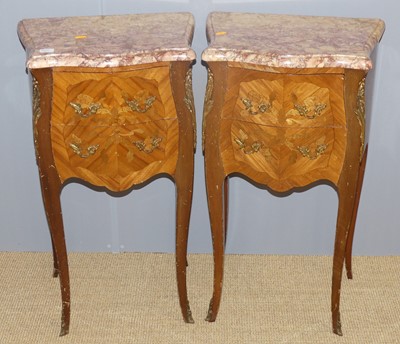 Lot 705 - A pair of French walnut floral inlaid and...