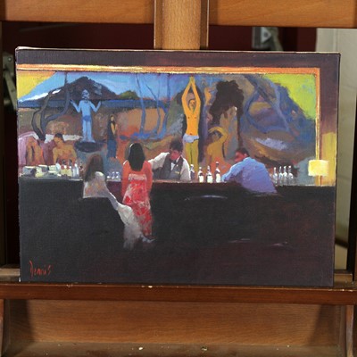 Lot 590 - Dennis Nash (b.1947) - Bar Scene, acrylic on...