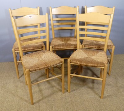 Lot 717 - A set of five beech barback rush seat kitchen...