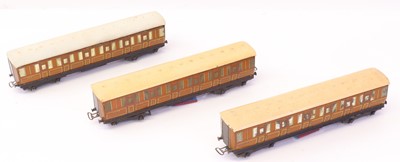Lot 568 - Three pre-war Hornby-Dublo D1 NE teak coaches,...