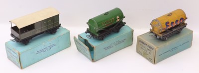 Lot 573 - Three pre-war Hornby-Dublo D1 wagons in pale...