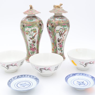 Lot 77 - A near pair of Chinese Canton porcelain vases...