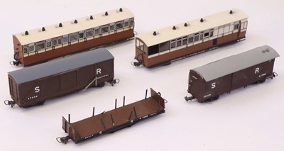 Lot 645 - Five 009 gauge wagons and coaches, to include...