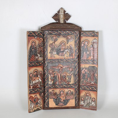 Lot 31 - A reproduction Greek Orthodox triptych icon,...