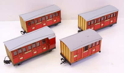 Lot 13 - Four G gauge 45mm scale coaches, in red livery,...
