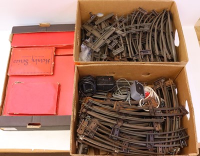 Lot 147 - Three boxes containing Hornby 0 gauge track,...