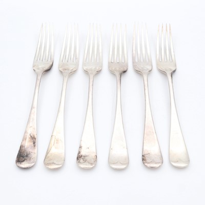 Lot 93 - A set of six Edwardian silver table forks, in...