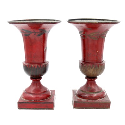 Lot 2 - A pair of 19th century tole pedestal vases,...