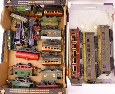 Lot 193 - Two trays containing Hornby 0 gauge playworn...