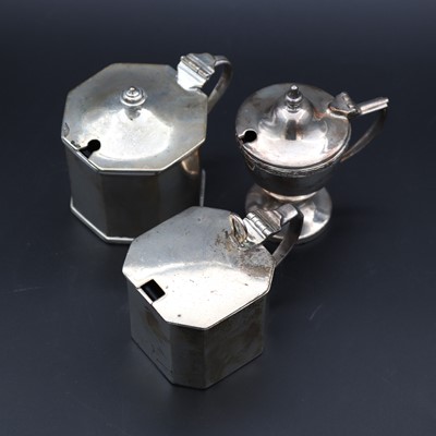 Lot 273 - Three silver lidded cruets with blue glass...