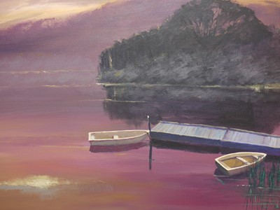 Lot 508 - Dennis Nash (b.1947) - Boating lake at sundown,...