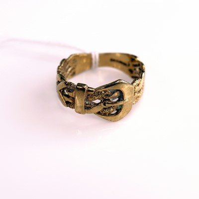 Lot 280 - A 9ct gold belt ring, sponsor BJ, size Q/R, 3.8g