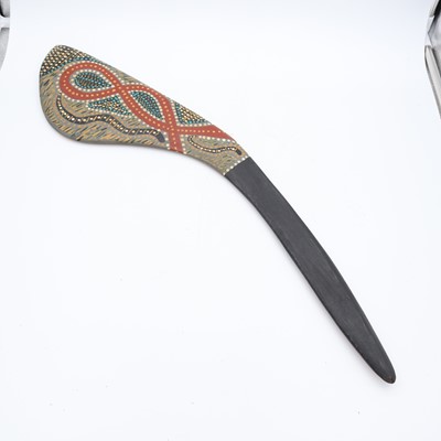 Lot 33 - A modern painted wooden Aboriginal boomerang,...