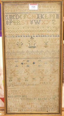 Lot 540 - A Victorian needlework alphabet, number and...