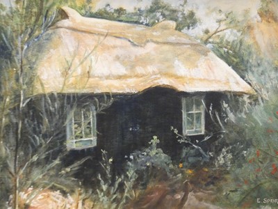 Lot 546 - Elaine Speirs - Small thatched cottage, oil,...