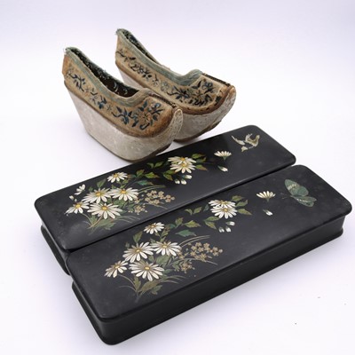 Lot 106 - A pair of Chinese embroidered silk platform...