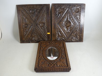 Lot 46 - A blind fret-carved oak table-top strut mirror,...